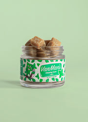 Jar of Van Man's chewing gum with a green label on a light green background