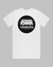 100% cotton t shirt with Vanman's black and white logo